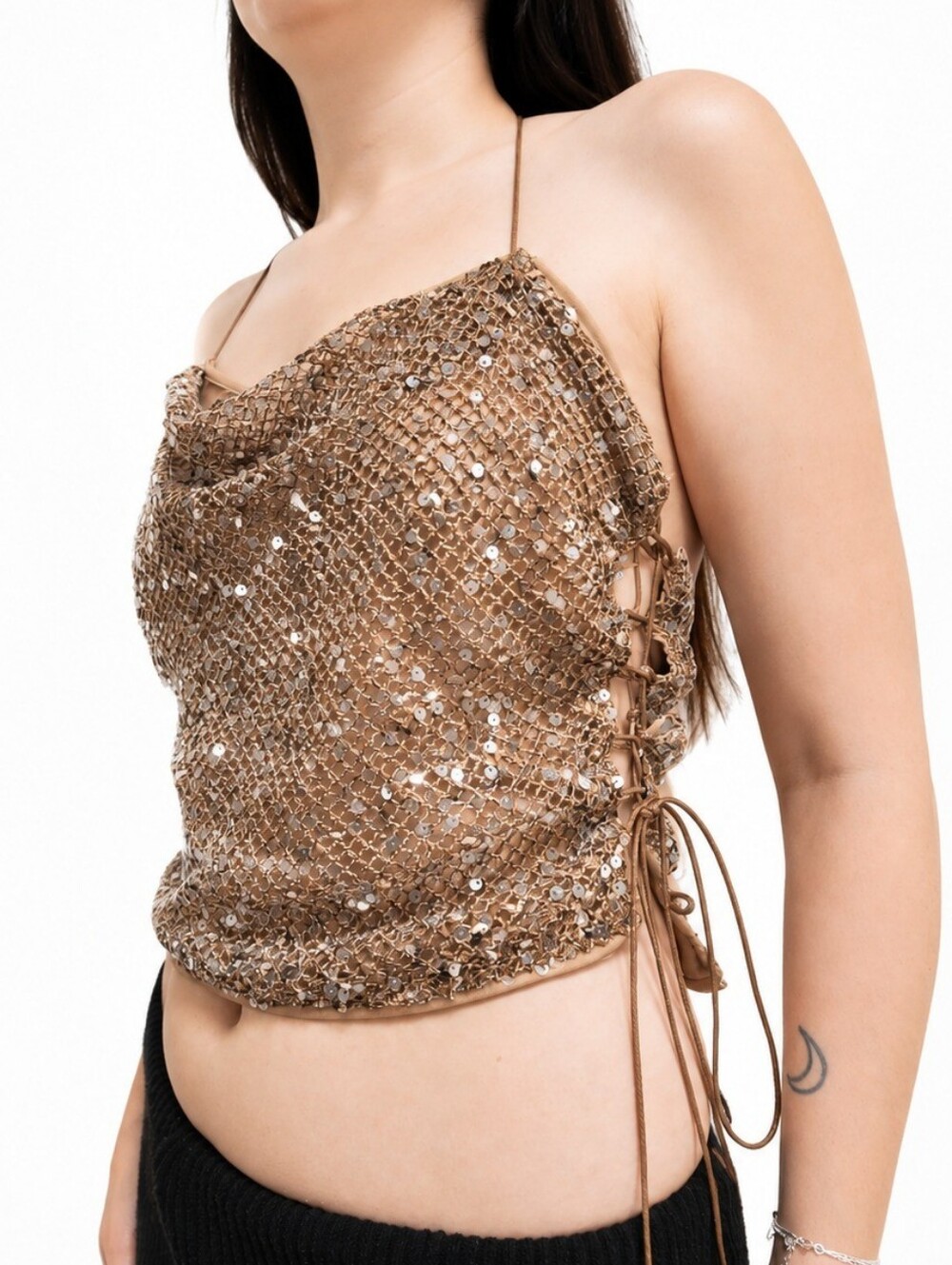 Lace Up Sides Sparkle Halter Top